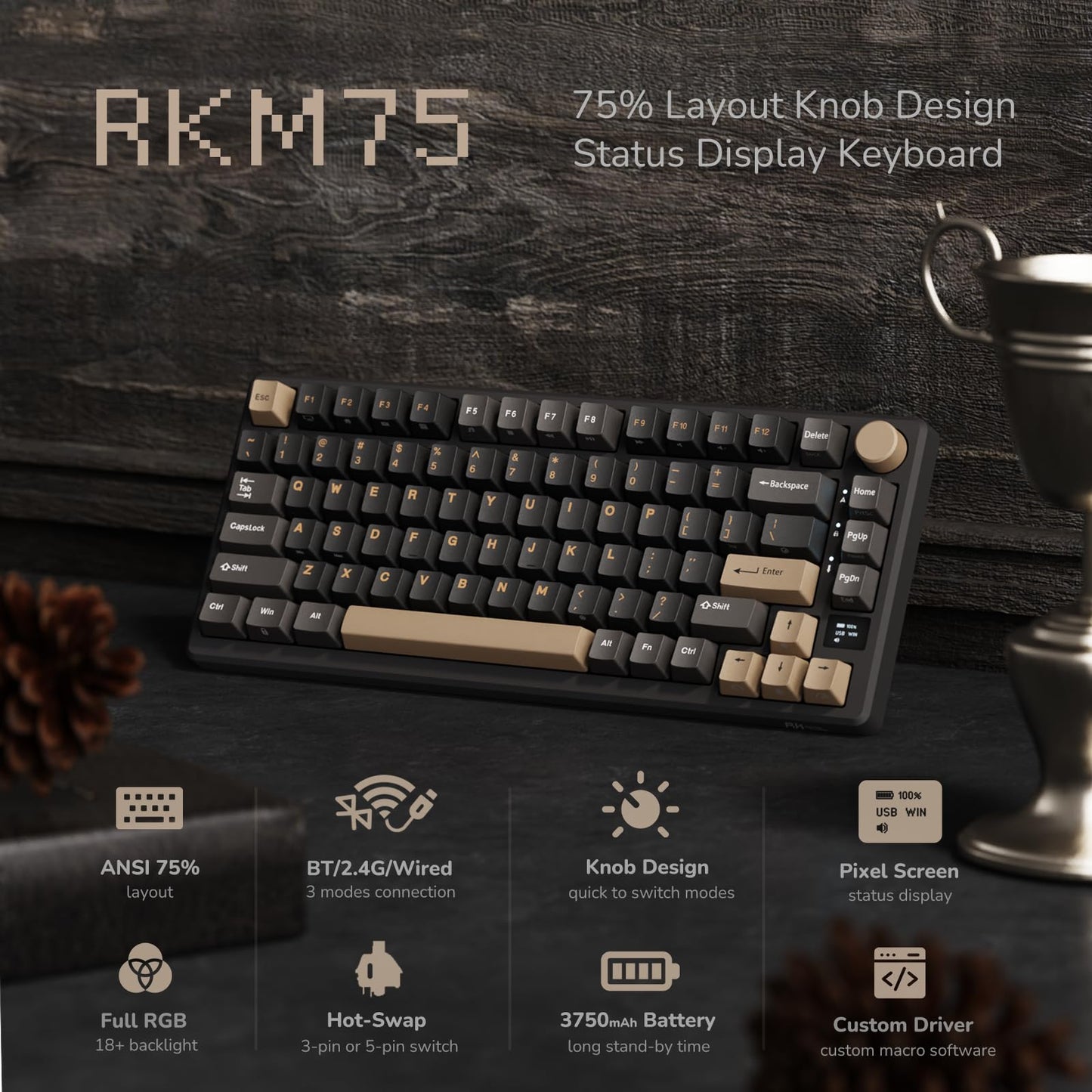 RK ROYAL KLUDGE M75 Wireless Mechanical Keyboard 2.4Ghz/BT5.1/USB-C Gaming Keyboard 75% Layout 81 Keys Gasket Mount with OLED Display & Knob RGB Backlight Hot-Swappable Red Switch, Grey, US Layout