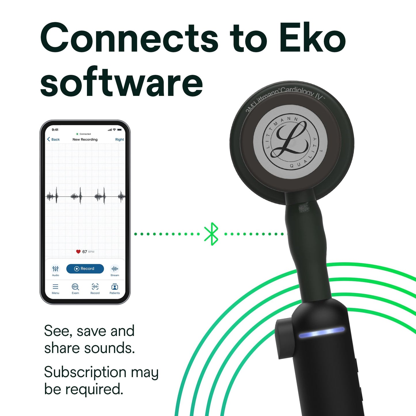 3M Littmann CORE Digital Stethoscope, Our Most Advanced Stethoscope Yet, Up To 40x Amplification, Active Noise Cancellation, In-App Sound Wave Visualization, Black-Finish Chestpiece, 8480