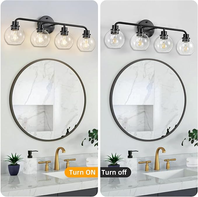 Bathroom Light Fixtures Black Vanity Light 4 Light Wall Sconces Lighting Bathroom Lights with Globe Clear Glass Shade Bath Wall Lights Wall Lamp for Mirror Kitchen Living Room Bedroom Hallway 27 Inch