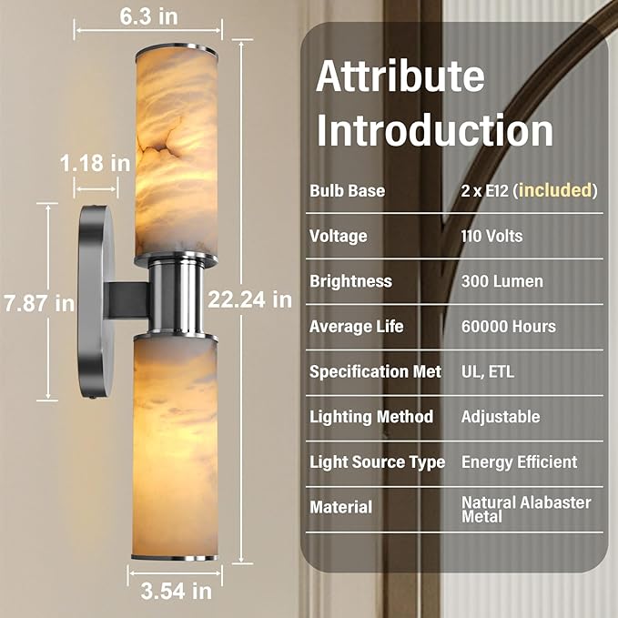 22.2" Alabaster Wall Sconce Set of 2, Brass Bathroom Wall Sconce, Spanish Natural Marble Sconces Modern Wall Lights Lamps for Bedroom Living Room Stairs Indoor Hallway Vanity, Nickel