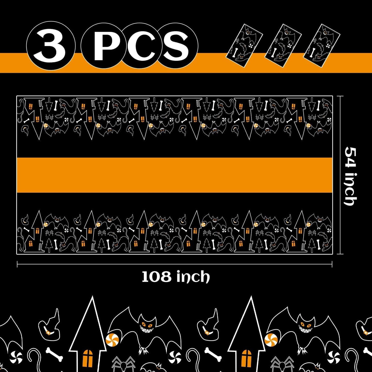 Childom 3 Pack Halloween Tablecloths,Disposable Plastic Tablecloths 54" x 108" Halloween Decorations,Plastic Table Cover for Birthday,Party Supplies,Holiday Table Cloth for Home,Dinner,Indoor,Outside