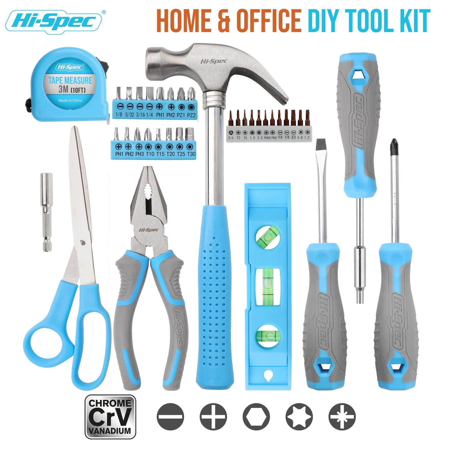 Hi-Spec 42pc Household DIY Tool Kit, Blue Handy Set with Essential Hand Tools for Home, Office & College Dorm – Starter Basic Toolbox for Repair & Maintenance with Storage