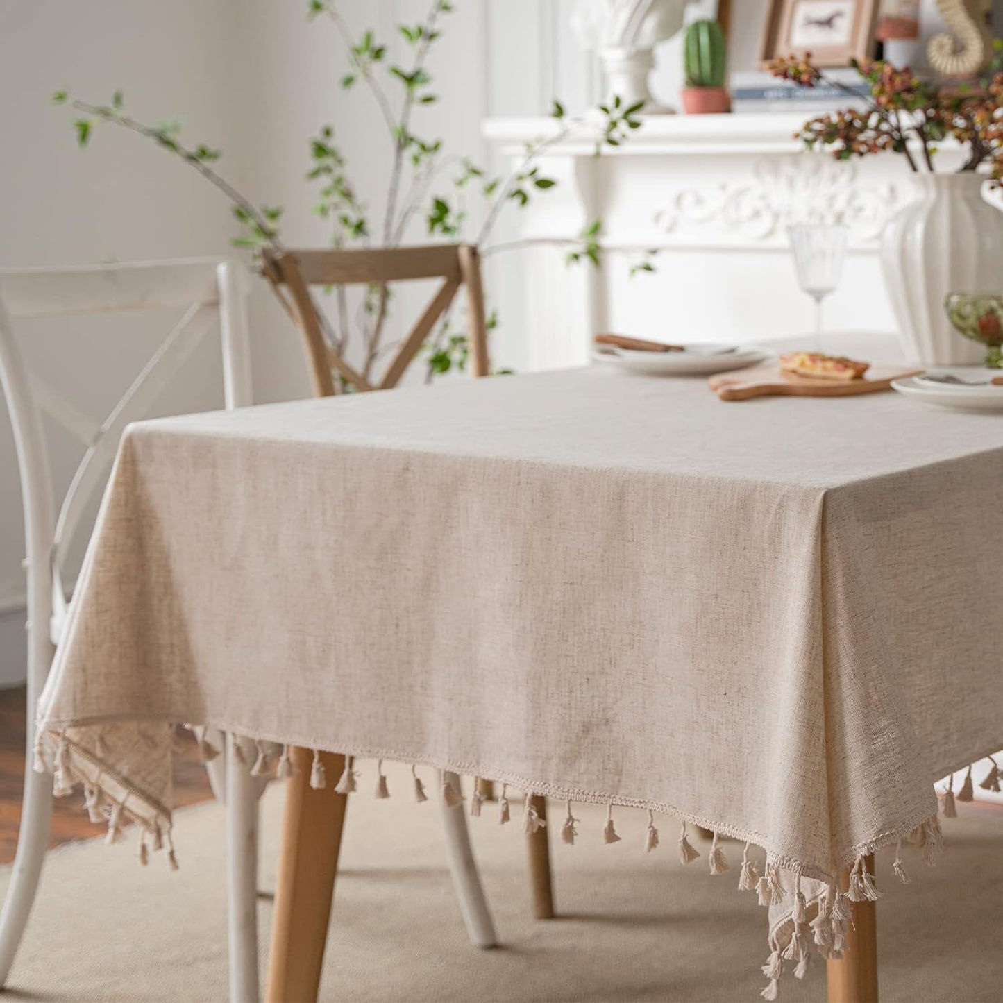 JaeMoose Washable Cotton Linen Tablecloths Fabric Tassel Tablecloth Dust-Proof Table Cover for Kitchen Dinning Tabletop Home Decoration Everyday Use (Linen, 140 x 180 cm)