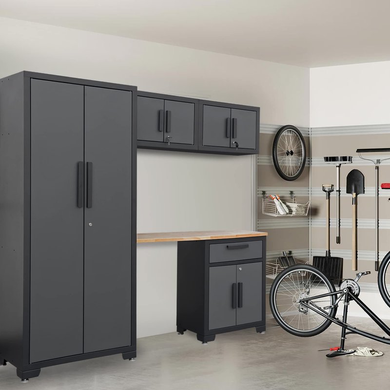Torin Garage Storage, 5 Piece Garage Storage Cabinet with Lockers, Workbench, Orgager for Garage, Home, Office, School, Black/Grey