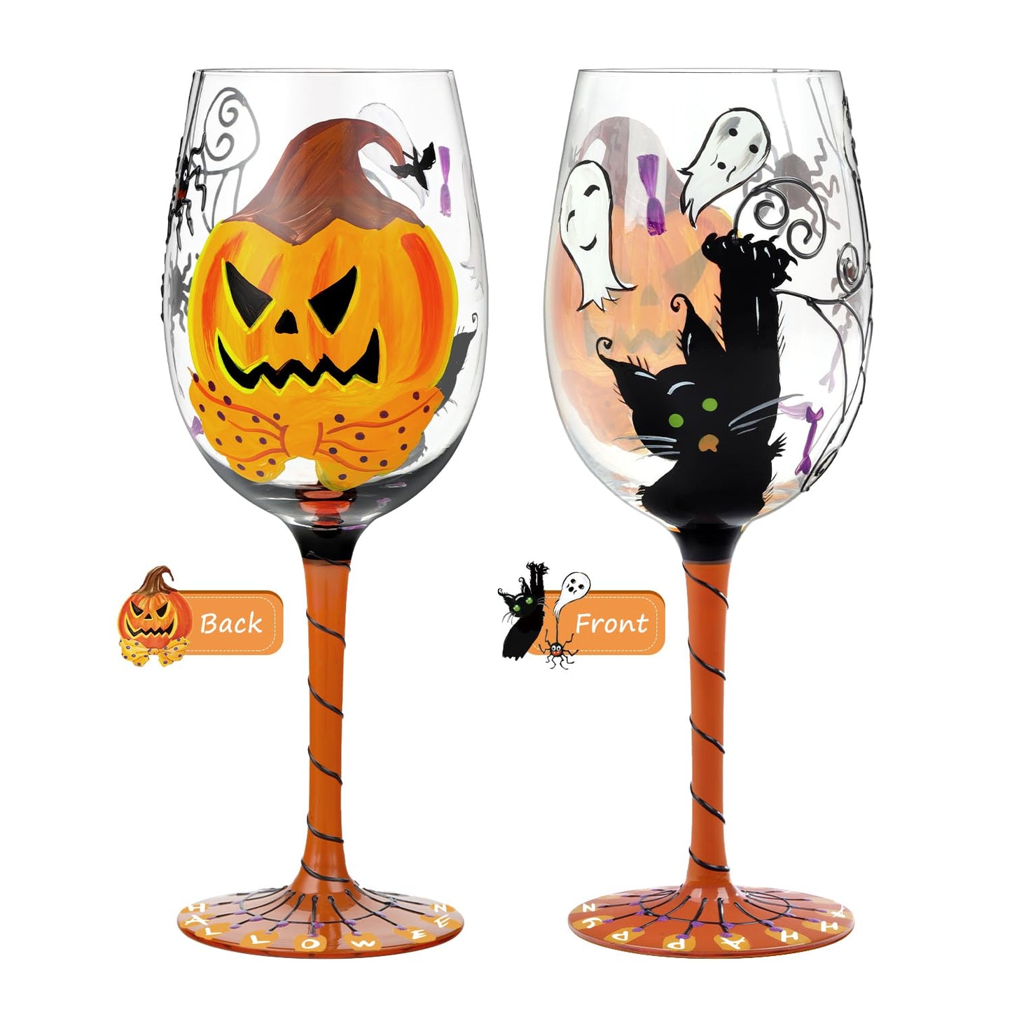 NymphFable Halloween Hand Painted Wine Glass Pumpkin Black Cat Spider Cobwebs Ghosts Unique Halloween Wine Glass for Home Party Friend (2024 Update)