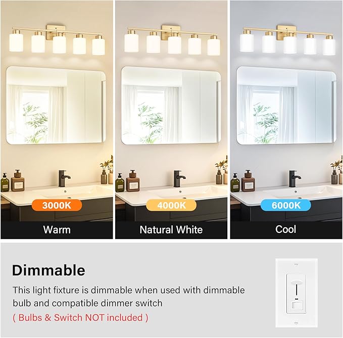 Gold Bathroom Light Fixtures, 5-Light Modern Vanity Light Over Mirror, Wall Sconces with Milky White Frosted Glass Shades, E26 Socket (Bulbs Not Included)