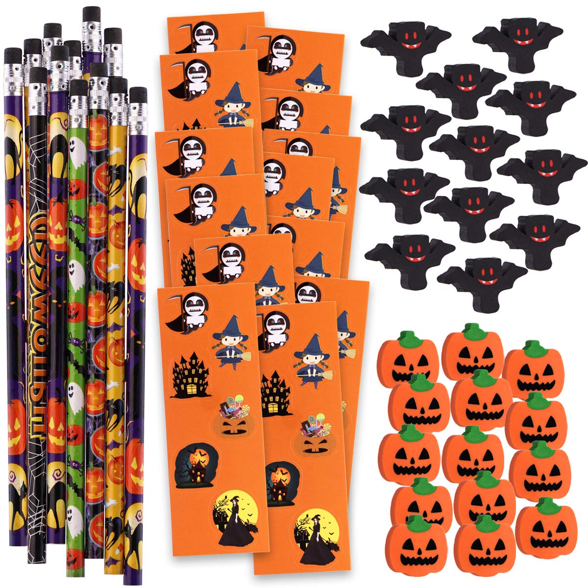 NEWBEA 156-Piece Party Favors Assortment | 72 Glitter Tattoos | 48 Erasers | 12 Ducks | 12 Sticker Sheets | 12 Pencils - Halloween Themed