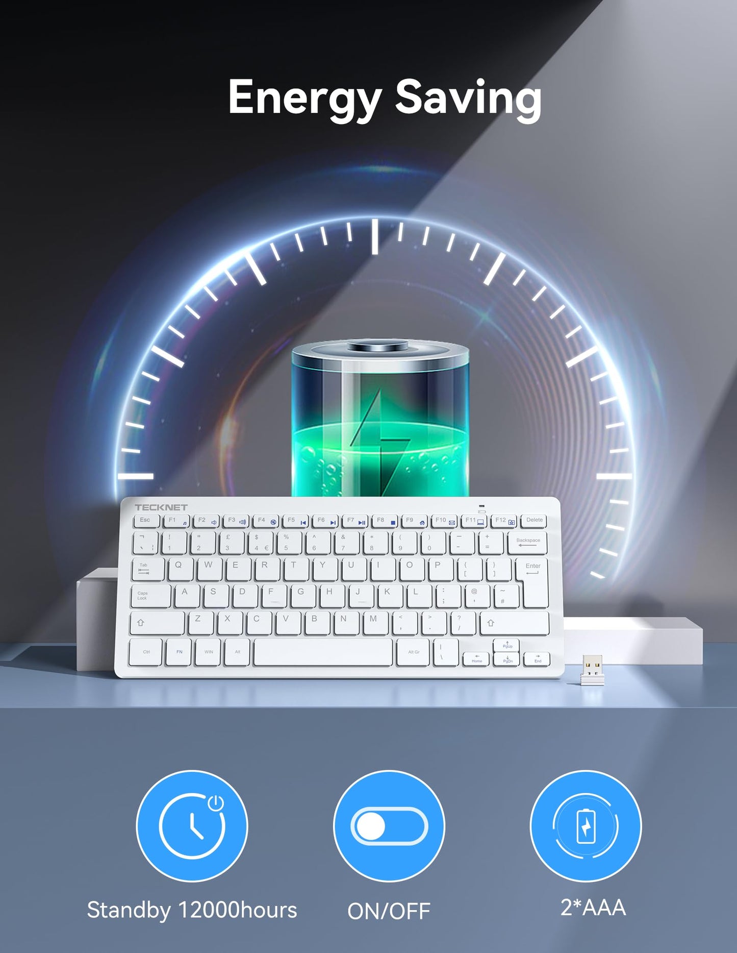 TECKNET 2.4G Wireless Keyboard, Small Keyboards with Media Hotkeys, Ultra Slim Compact Wireless Keyboard, 12-Month Battery Life, Compatible with PC, Desktop, Laptop, Smart TV - White