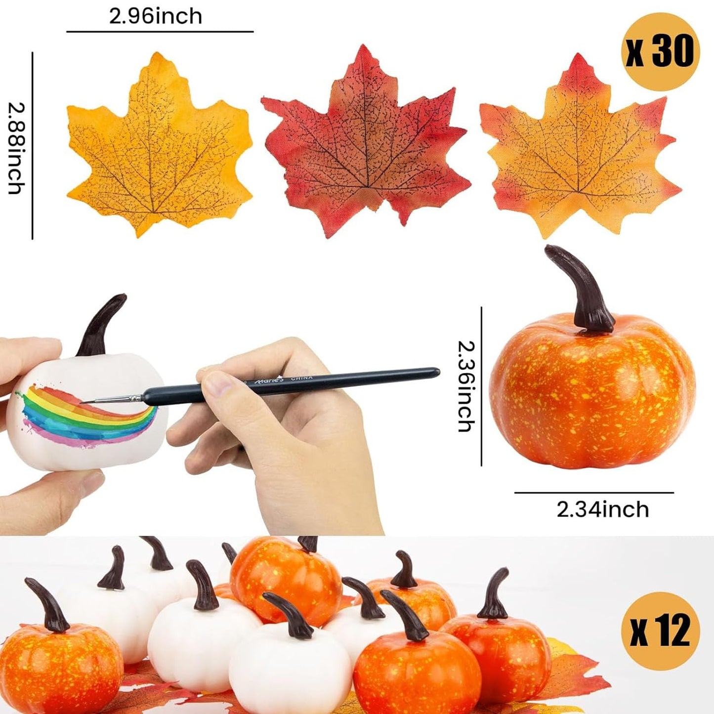 DomeStar 42 PCS Artificial Pumpkins Decorations, 12PCS Fake Pumpkins with 30Packs Maple Leaves and 1Packs String Lights for Fall Harvest Crafts Halloween Thanksgiving Decor