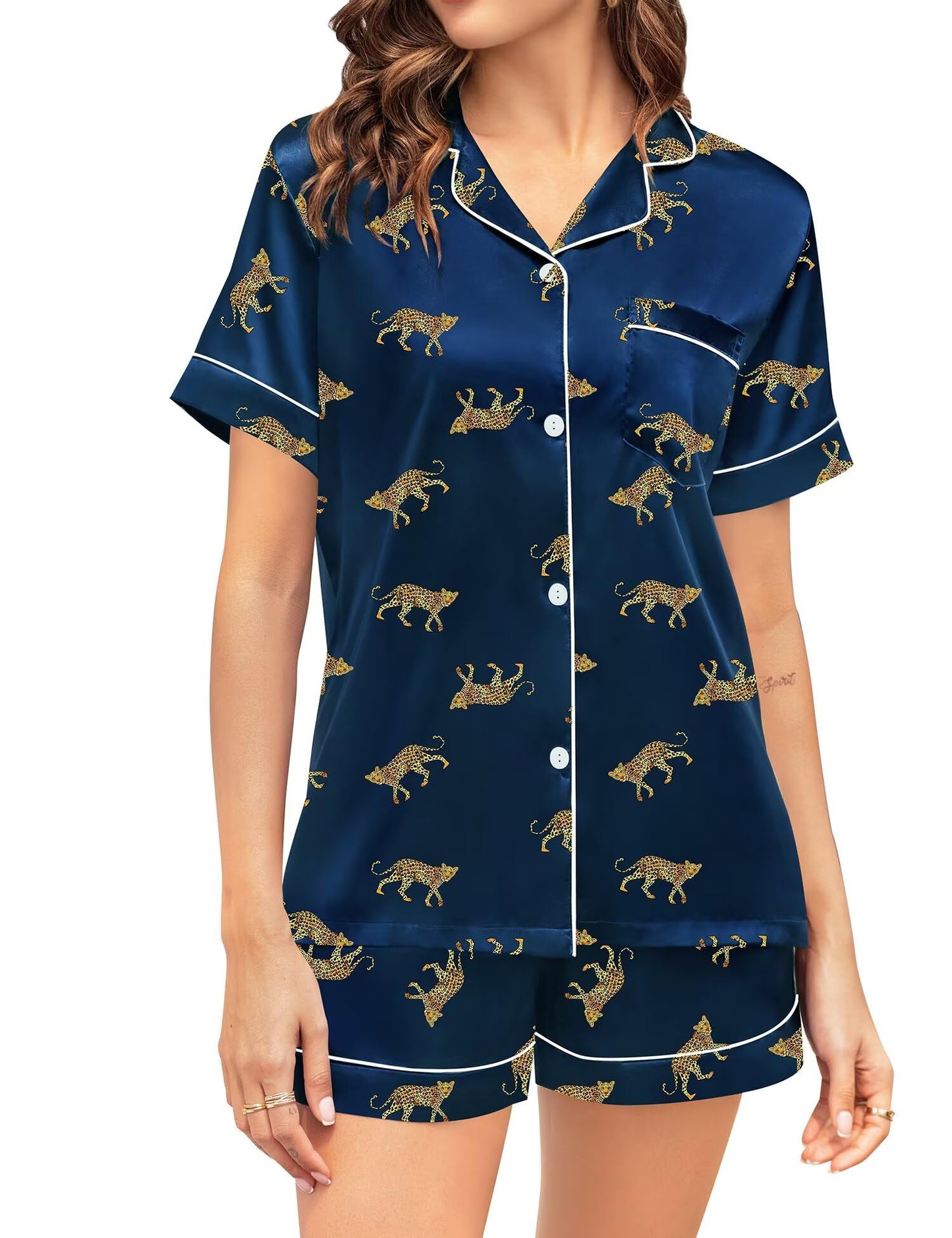 SWOMOG Couple Matching Pajamas Sets Women & Men Button Down Silk Pjs Short Sleeve Soft Lounge Sets 2 Pcs Loungewear