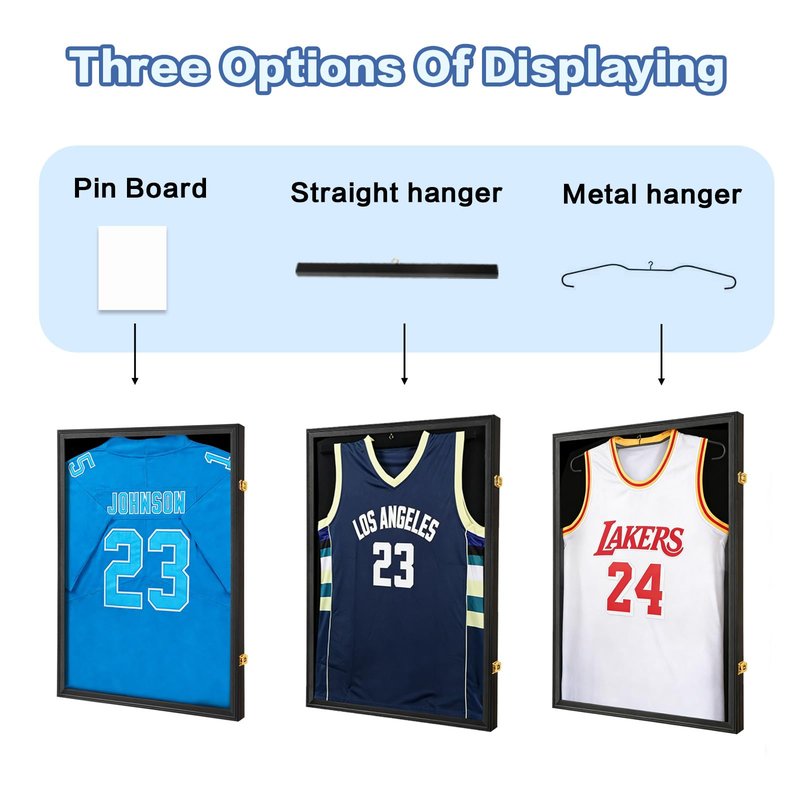 Hactyn Jersey Frame Display Case 4 Pack for Wall ,Large Lockable T-Shirt Shadow Box with Clear UV Protection Acrylic & Hangers for Football Basketball Baseball Soccer Hockey, Matte Black