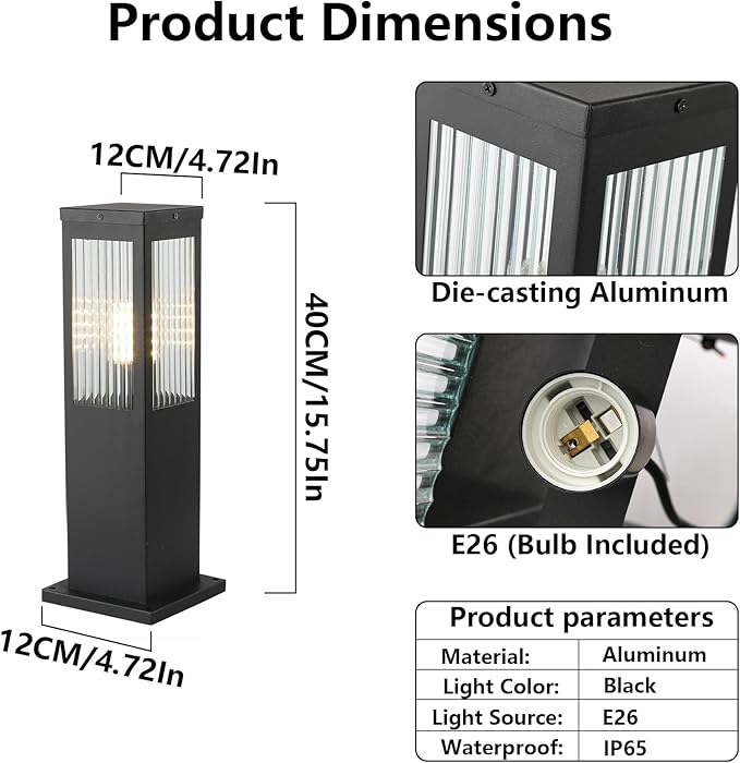 Outdoor Landscape Path Light Stainless Steel Waterproof Bollard Lighting Hardwired E26 Glass Post Pillar Lights Black Modern Lawn Lighting Outside House Pathway Lamp For Garden Patio Yard Street Light