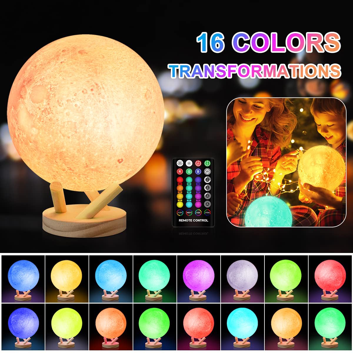 GROPINFLY Moon Lamp, Sliding Control Moon Night Light, Kids Night Light, 16 Colors Moon Light with Unique Stand, Remote&Sliding Control, Timing, USB Rechargeable, Gift for Kid Friend Lover, 6 in
