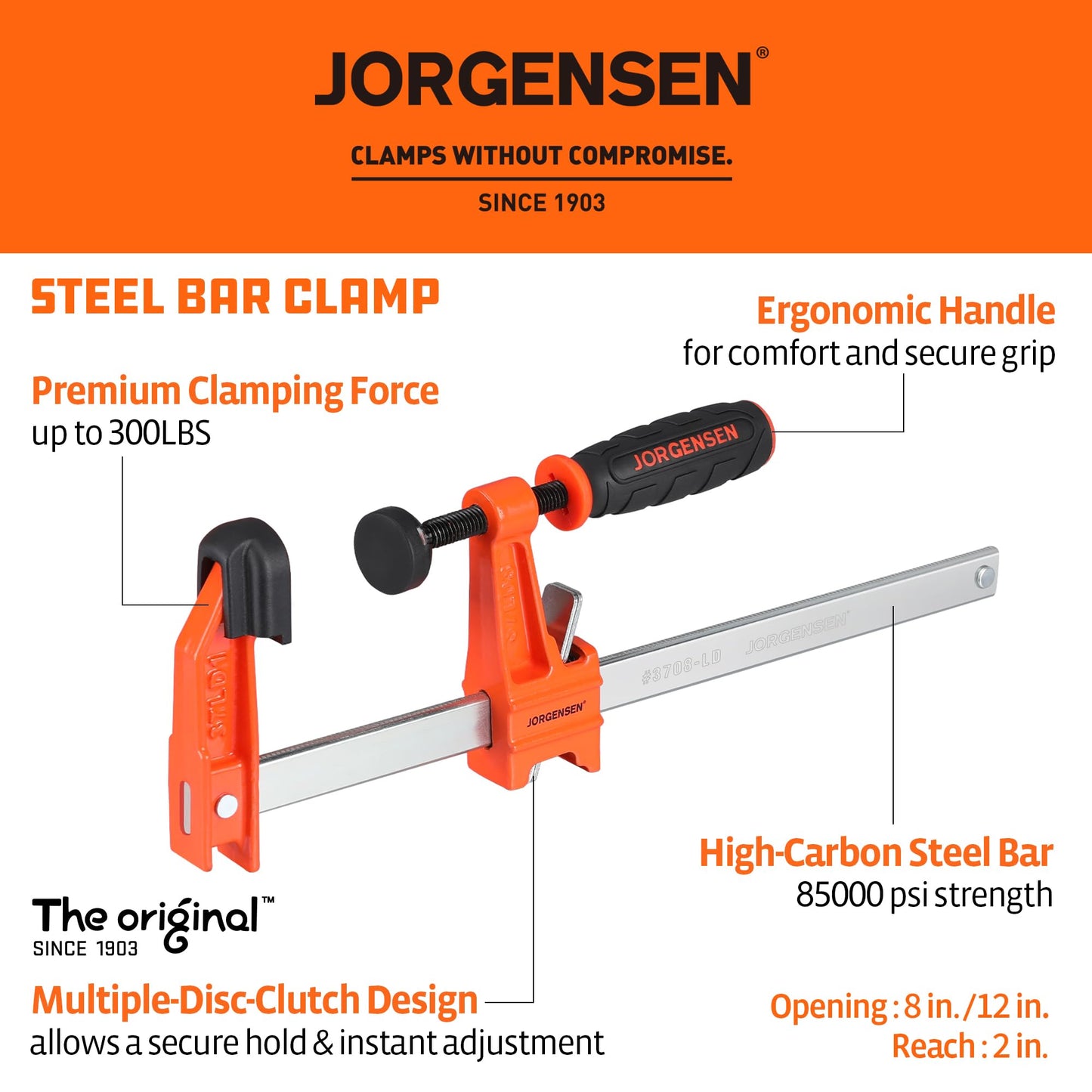 Jorgensen 2-Piece Steel Bar Clamp Set, Light Duty F-Clamp, 8-inch & 12-inch