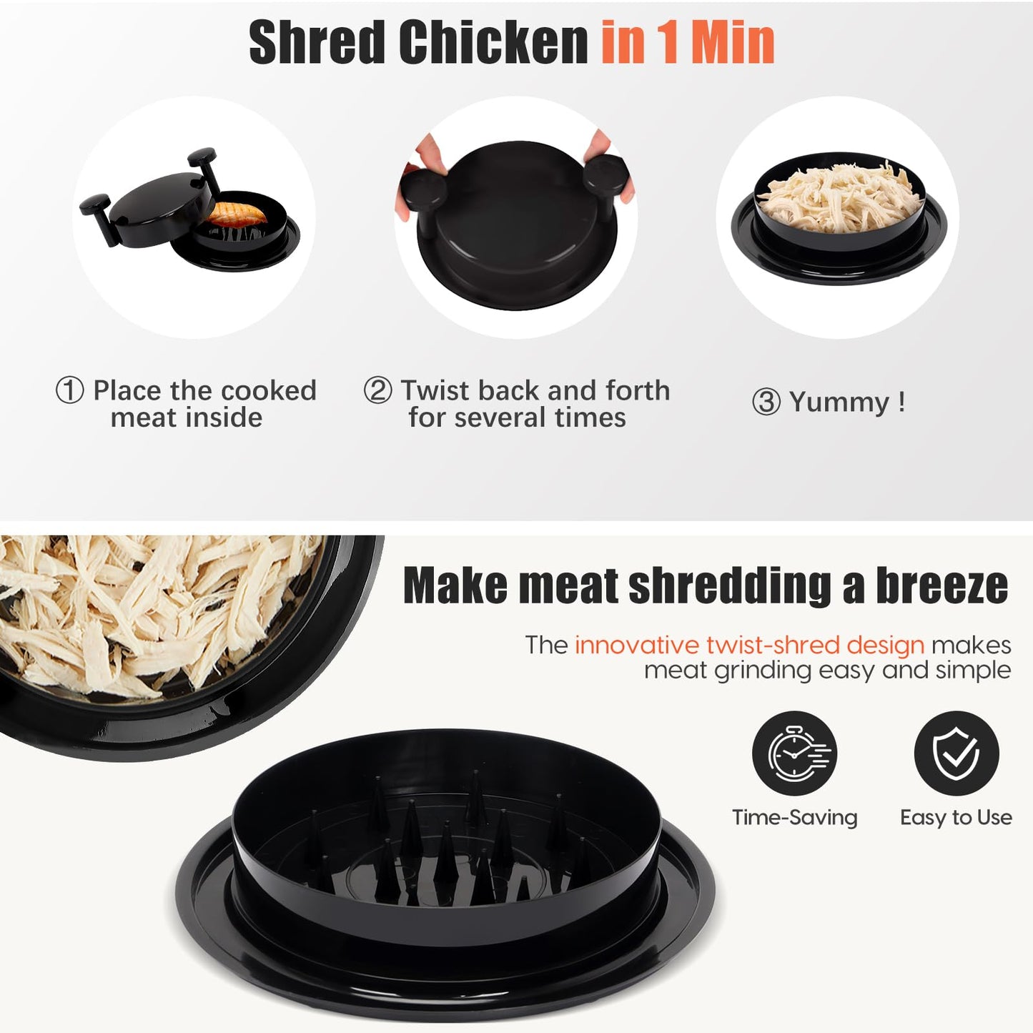 Chicken Shredder Tool Twist, Meat Shredder with Ergonomic Handle, Easy Cleaning, Anti-Slip, Dishwasher Safe - Black