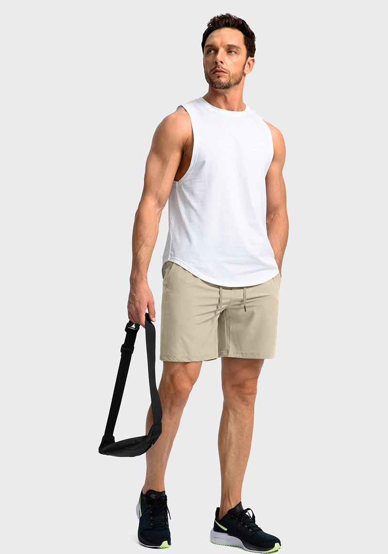 Soothfeel Men's Running Shorts with Zipper Pockets 7 Inch Lightweight Quick Dry Gym Athletic Workout Shorts for Men (Khaki, 3XL)