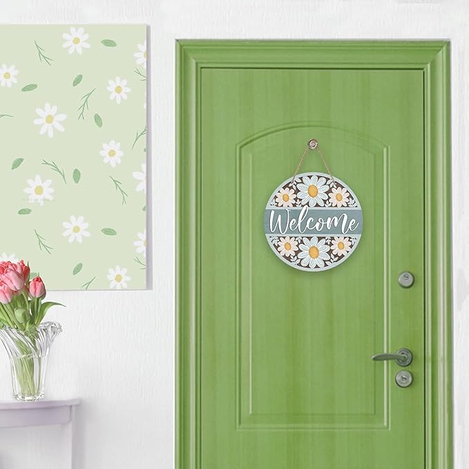Deroro Welcome Spring Summer Daisy Flower Front Door Sign, Floral Farmhouse Wood Door Hanger Outdoor Outside Porch Decor, Rustic Seasonal Wooden Wreath Indoor Wall Hanging Decoration