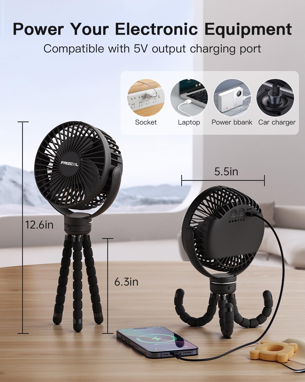 FRIZCOL Portable Stroller Fan, Use As Power Bank, 65H 12000mAh Battery Operated Fan Flexible Tripod Baby Car Seat Fans with Timming, Personal Mini Handheld/Desk/Small Clip On Fans For Stroller