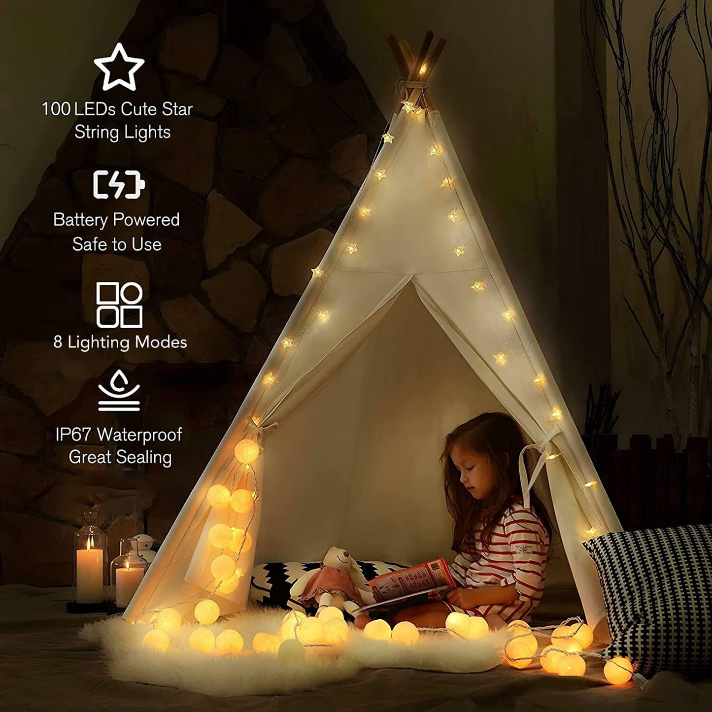 ANJAYLIA Star Lights 100 LED 32 FT Battery Operated String Lights Battery Power Star Fairy Lights for Bedroom Indoor & Outdoor, Party, Ramadan, Christmas Decorations Warm White