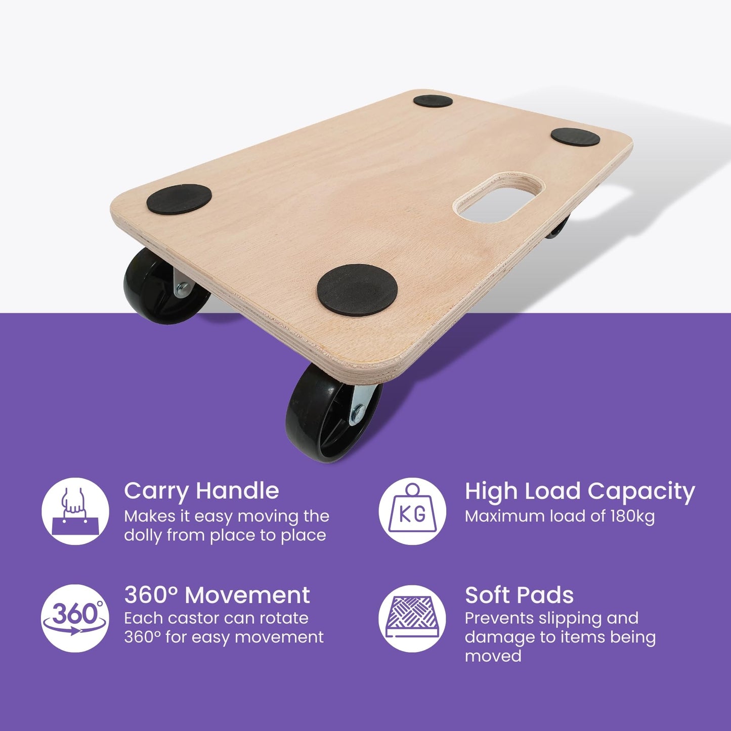Move-It Platform Dolly With Grip Pads, Heavy-Duty Anti-Slip Transport Roller Trolley For Moving Furniture & Equipment, 180kg Load Capacity, Wooden (45 x 30cm)