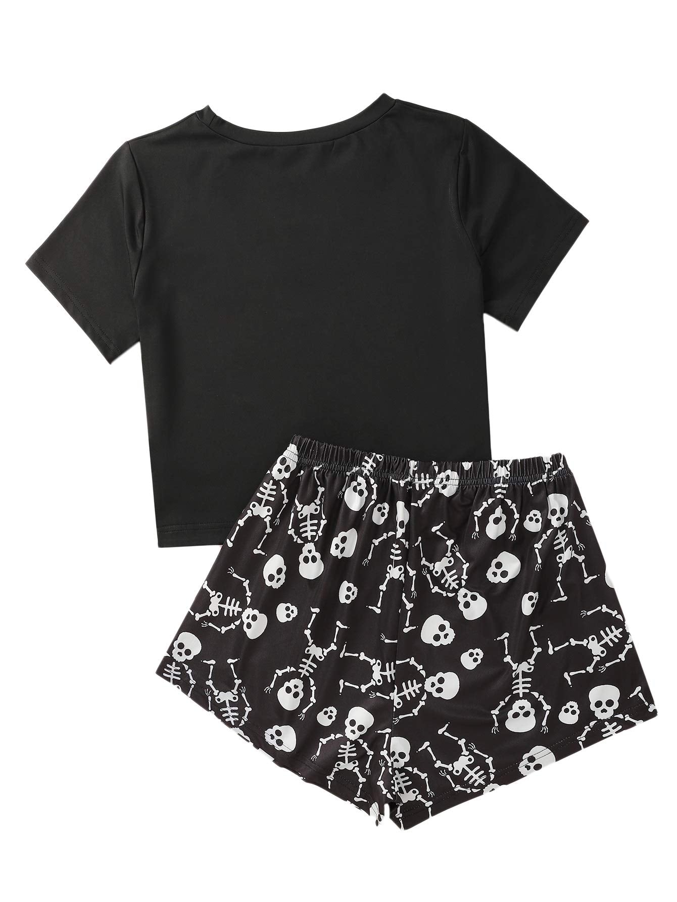 SweatyRocks Women's Cute Graphic Print Short Sleeve Crop Top with Shorts Pajama Set Skull Black L