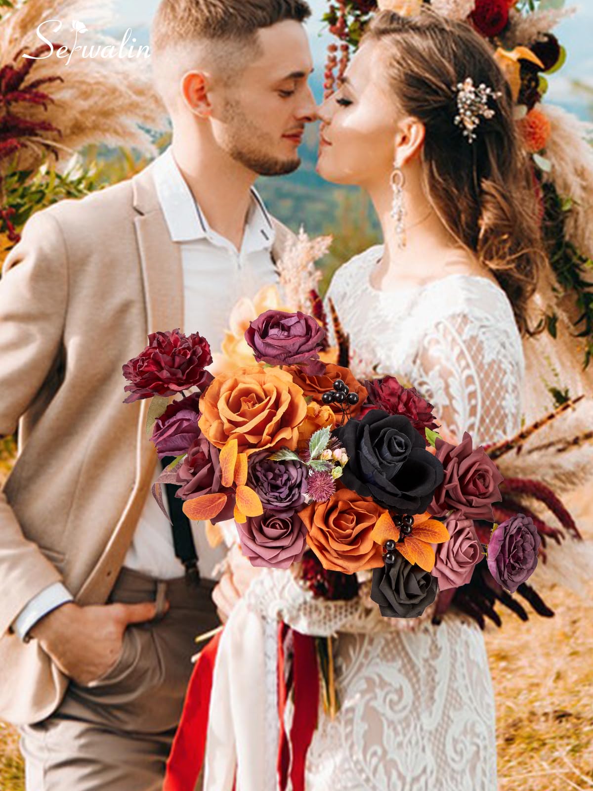 Serwalin Fall Aritificial Flowers Orange Silk Flowers Purple Black Roses Fake Flowers for DIY Centerpieces Boutonnieres Cake Fall Floral Home Decoration