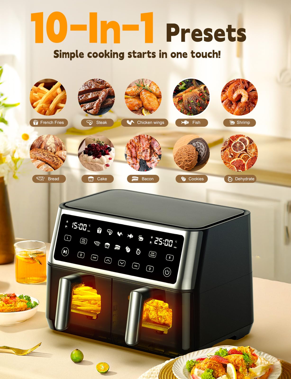 10L Dual Air Fryer, 2 Nonstick Drawers with Visible Window,10-In-1 Cooking Presets, Sync Cook & Finish, Smart Touch Screen, 1-24H Timer Function, Uses No Oil& Max Crisp, 50β to 200β, Dishwasher Safe