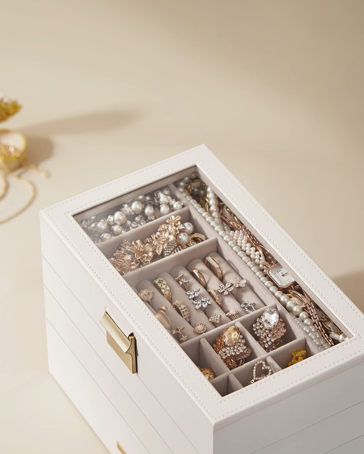 SONGMICS Stackable Jewellery Trays, 4-Tier Jewellery Box, Large Jewellery Case, Clear Glass Lid, 17 x 28 x 18.3 cm, for Dressing Table, Gift Idea, Cloud White JBC164W01