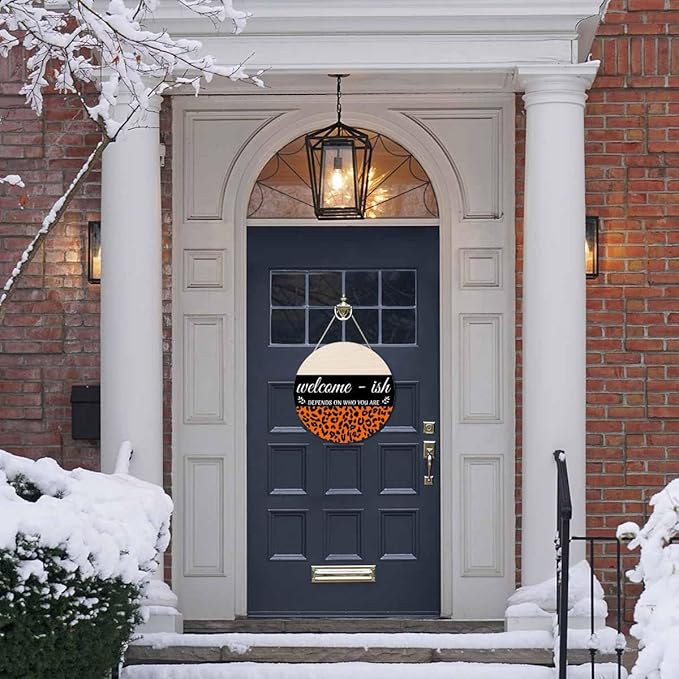 Welcome Sign for Front Door Decor Wreath Orange Leopard Print 12inch Decor Wood Hanging Door Sign for Home Outdoor Indoor