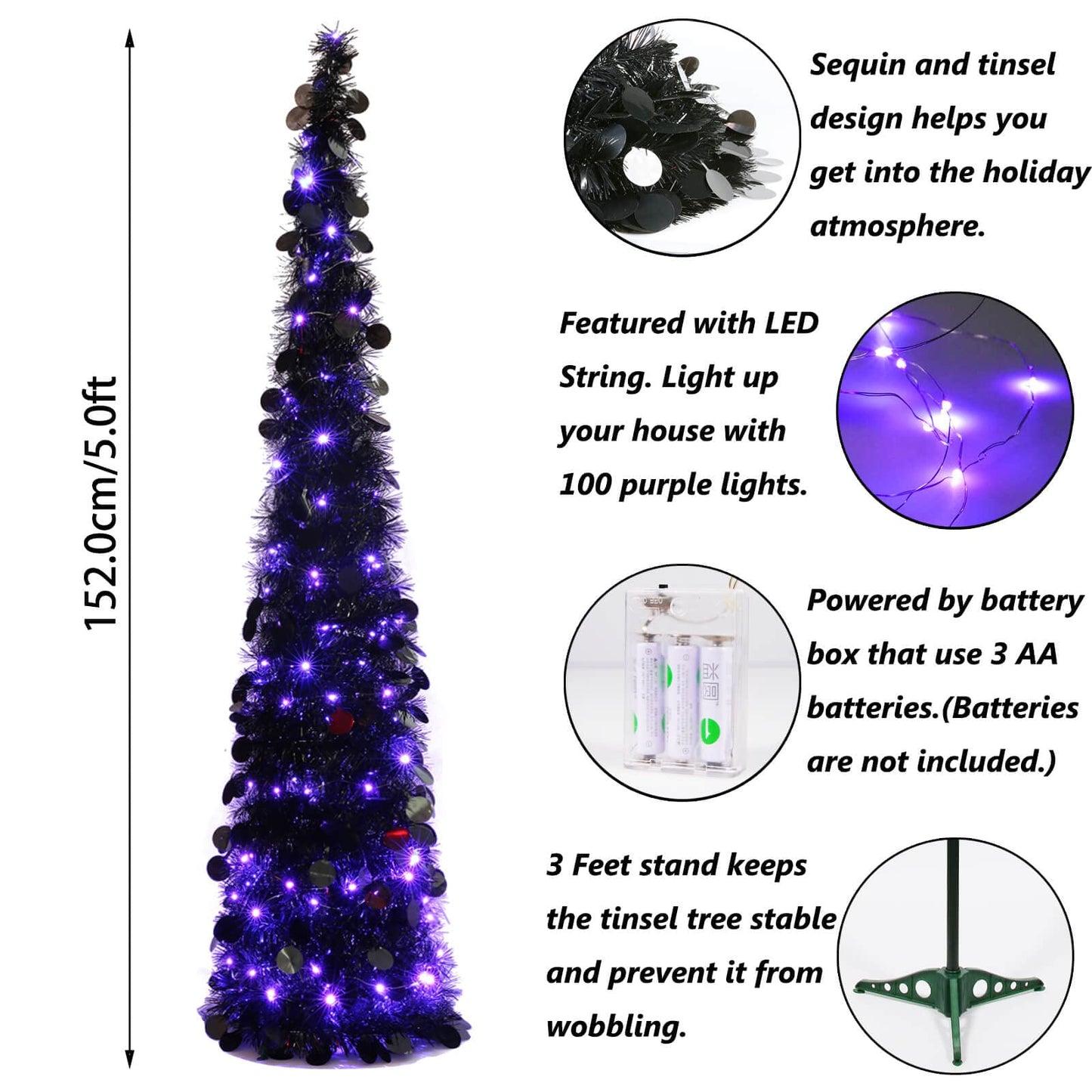 Orgrimmar 5FT Halloween Pop Up Artificial Black Tree with 100 Lights for Halloween and Holiday Home Decor (Black)