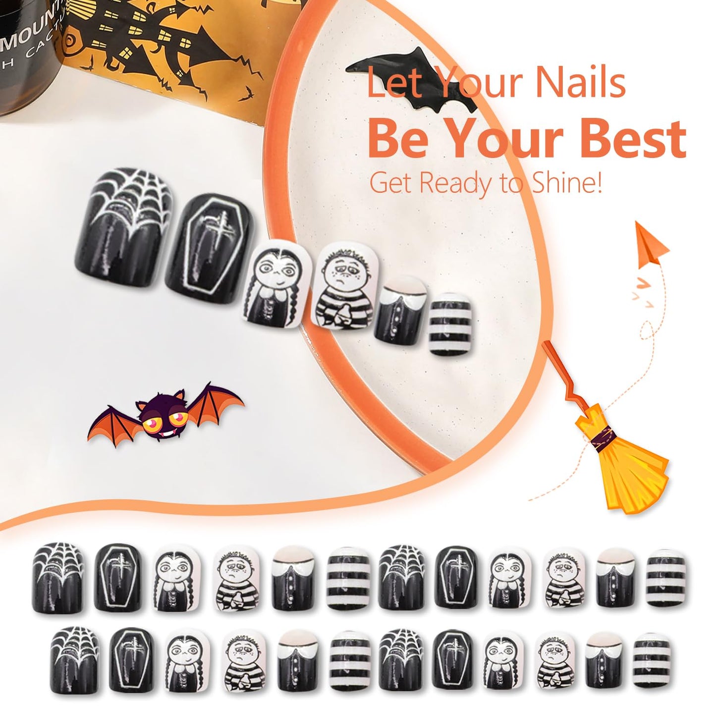 Halloween Horror Press on Nails Glossy Fake Nails Black White Stripe Spider Web Halloween Nail Art Designs Square Short False Nails Reusable Artificial Nails Full Cover Glue on Nails for Women 24 Pcs