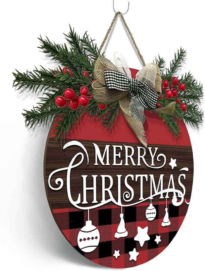 Merry Christmas Door Sign Xmas Buffalo Plaid Hanging Signs With Bow And Wreath Christmas Stars Wooden Sign for Front Door for Holiday Rustic Farmhouse Outdoor Wall Window Decor 12 Inch