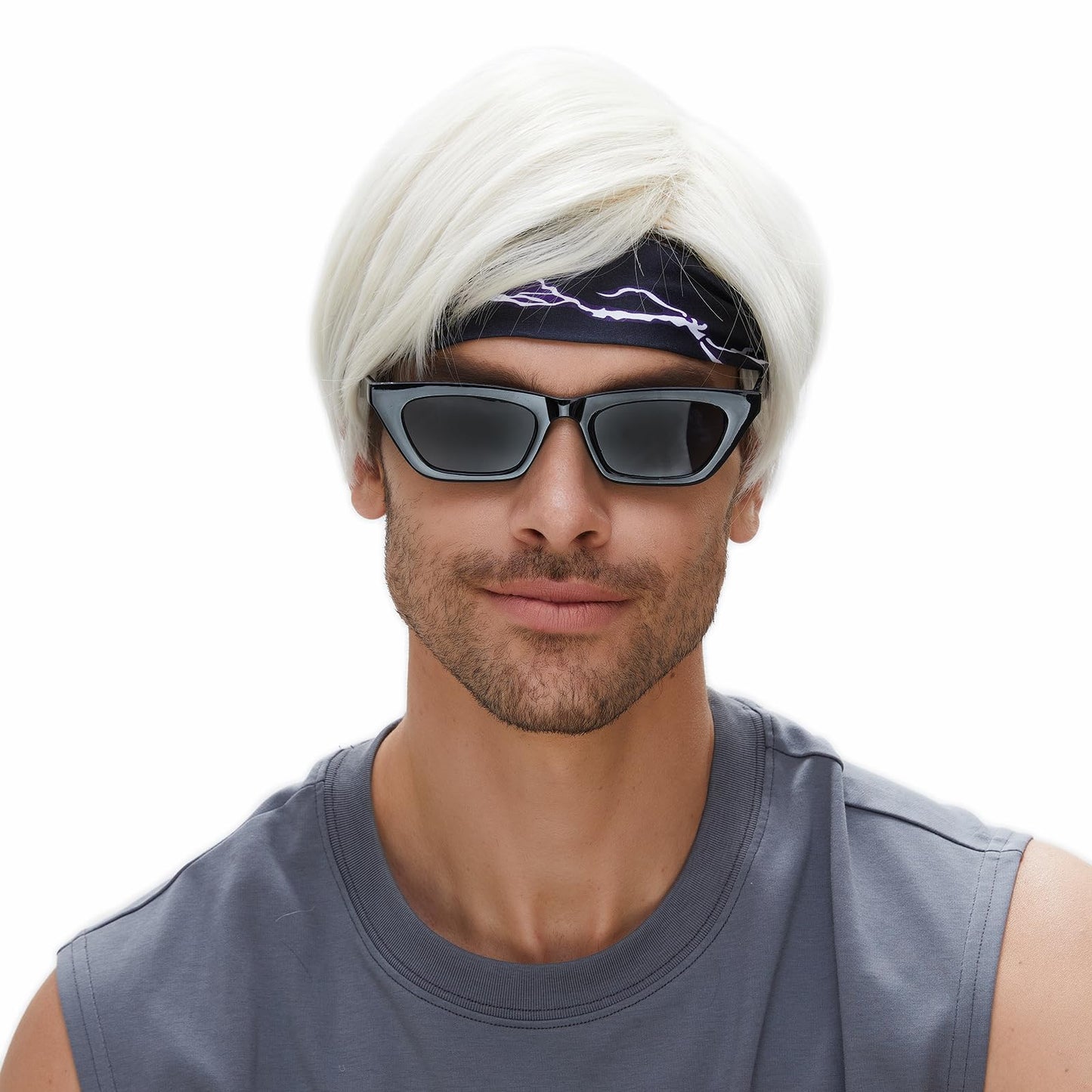 STfantasy Short Platinum White Men Wigs with Bangs Straight Layer Mens Wig+Sunglasses+Headscarf for Man Male Costume Halloween Cosplay Anime Party White Blond Wig Men