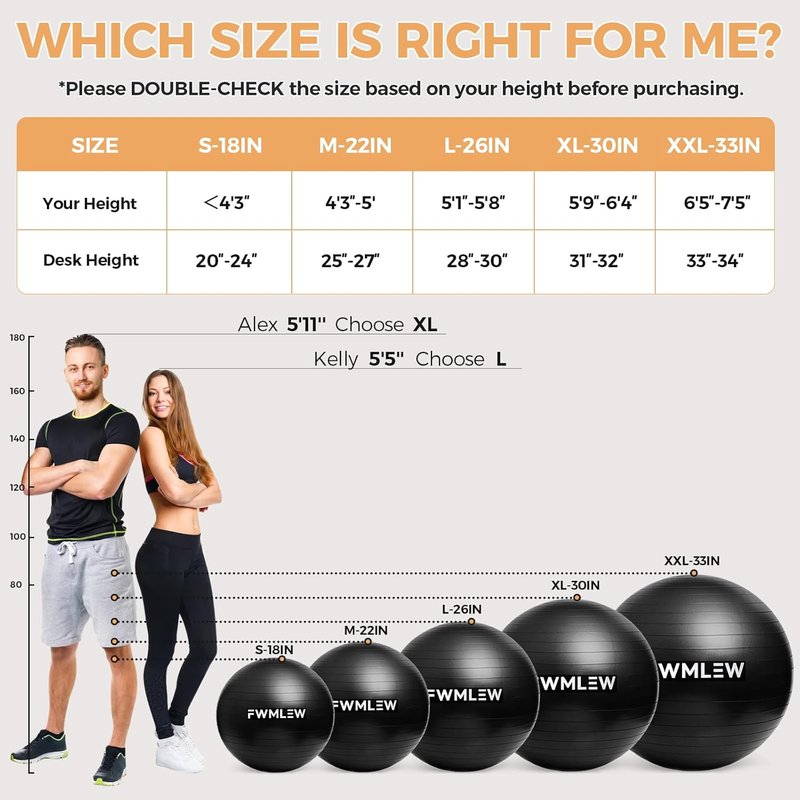 Extra Thick Yoga Ball - Anti-Burst Heavy Duty Stability Ball for Fitness, Core Workouts & Office Use | 5 Sizes Available