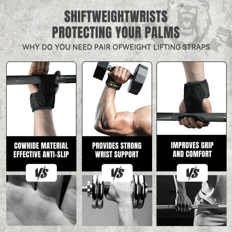 MANUEKLEAR Gym Straps, Double Leather Lifting Straps for Men Deadlift with Cushion Wrist Loop, Gym Lifting Wrist Wraps for Weightlifting