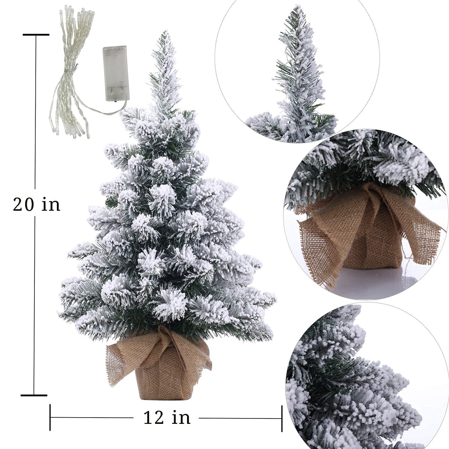 Pre-Lit Artificial Mini Christmas Tree,20 Inch Snow Flocked Small Pine Xmas Tree with 40 LED Lights,70 Branch Tips,Battery Operated Tabletop Christmas Tree Burlap Base-(50cm)