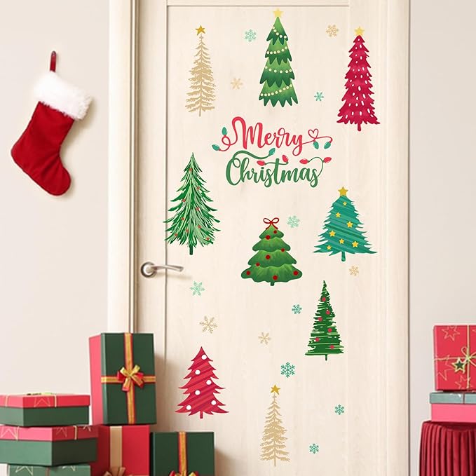 Mfault Merry Christmas Tree Wall Decals Stickers, Xmas Snowflake Decorations Bedroom Art, New Year 2026 Home Kitchen Living Room Decor Winter Holiday Gift