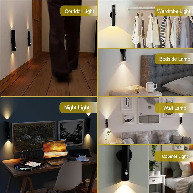 Motion Sensor Night Lights, Magnet Body Sensor Hallway LED Wall Lights, Rechargeable Portable Stairway, Battery Powered Cabinet Lights, Bedside Night Light (1pcs-Black)