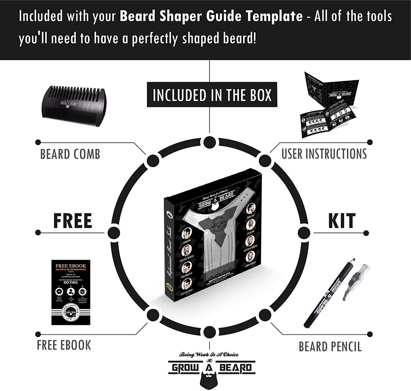 Beard Shaper & Beard Shaping Tool for Men, Beard Lineup Guide Template, Perfect for Styling and Edging, Includes Dual Action Beard Comb & Barber Pencil Liner