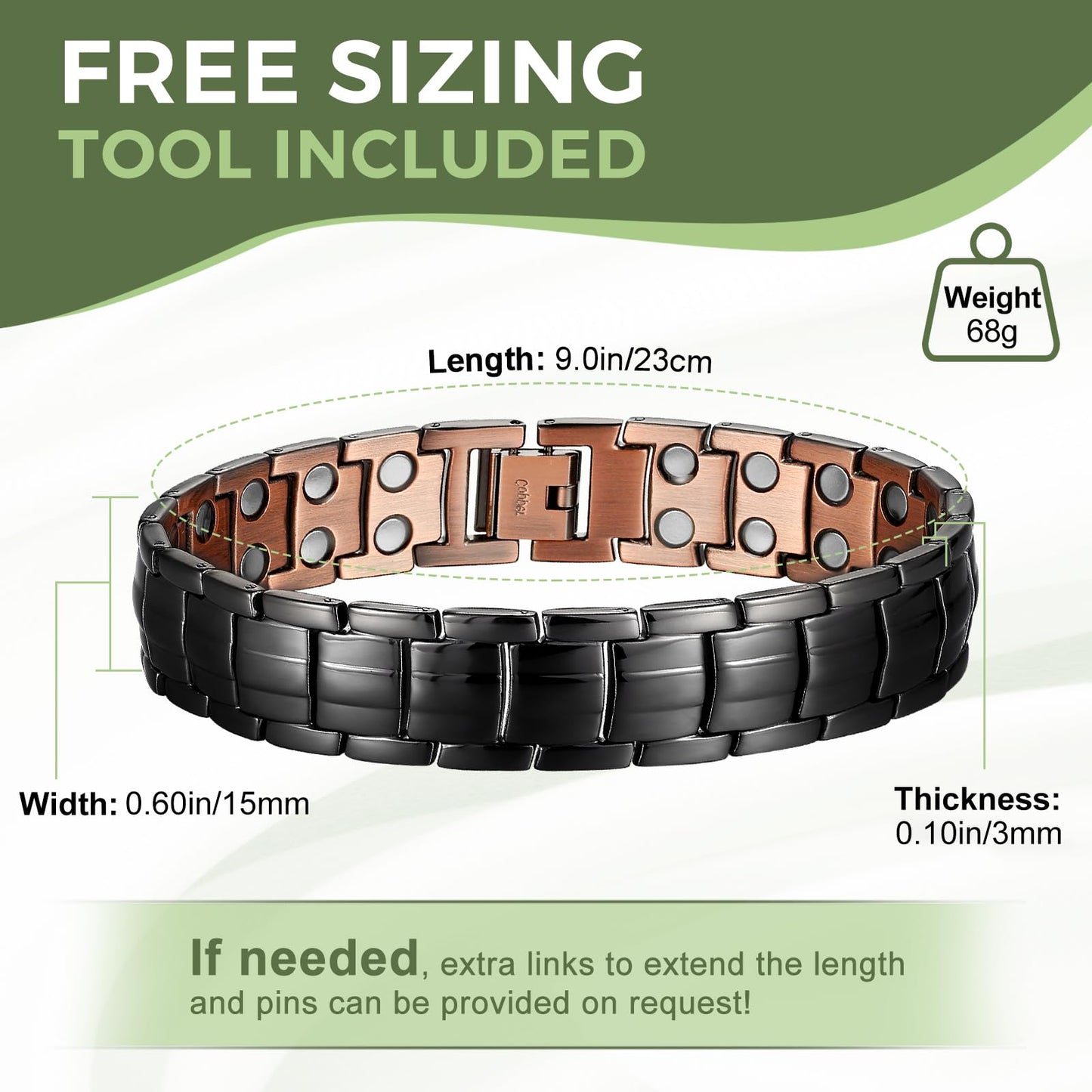 MagEnergy Mens Copper Magnetic Bracelets, 99.9% Pure Copper Bracelet with Double Row Magnets, Adjustable Wristband Brazaletes for Men