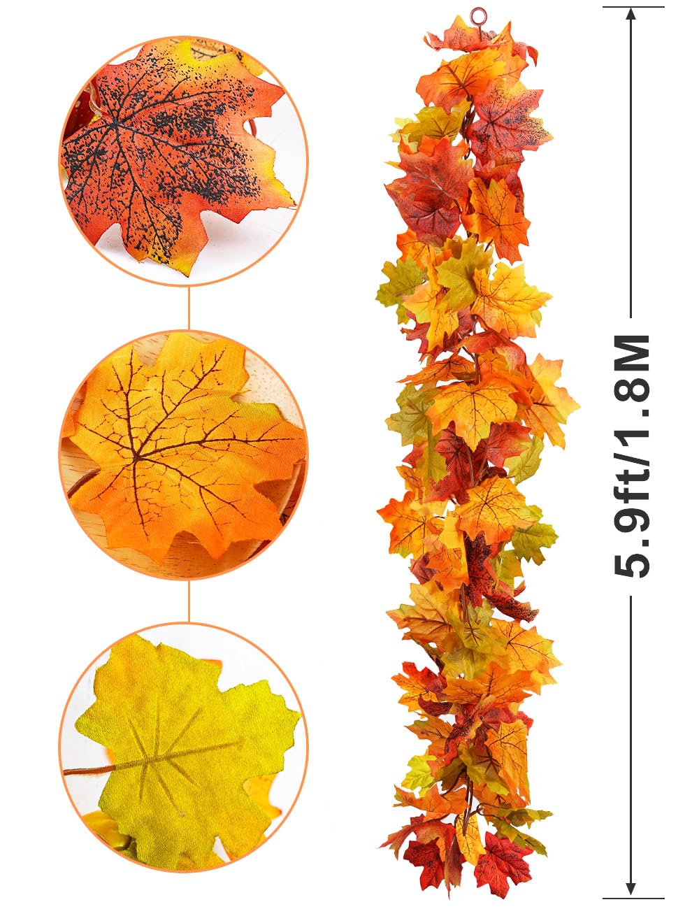 2 Pack Artificial Autumn Maple Leaves Vines Decorations, 5.9Ft/Piece Fall Leaf Garland Hanging Plant with Hooks, Thanksgiving Halloween Decor for House Garden Wall Doorway Fireplace Autumn Decoration