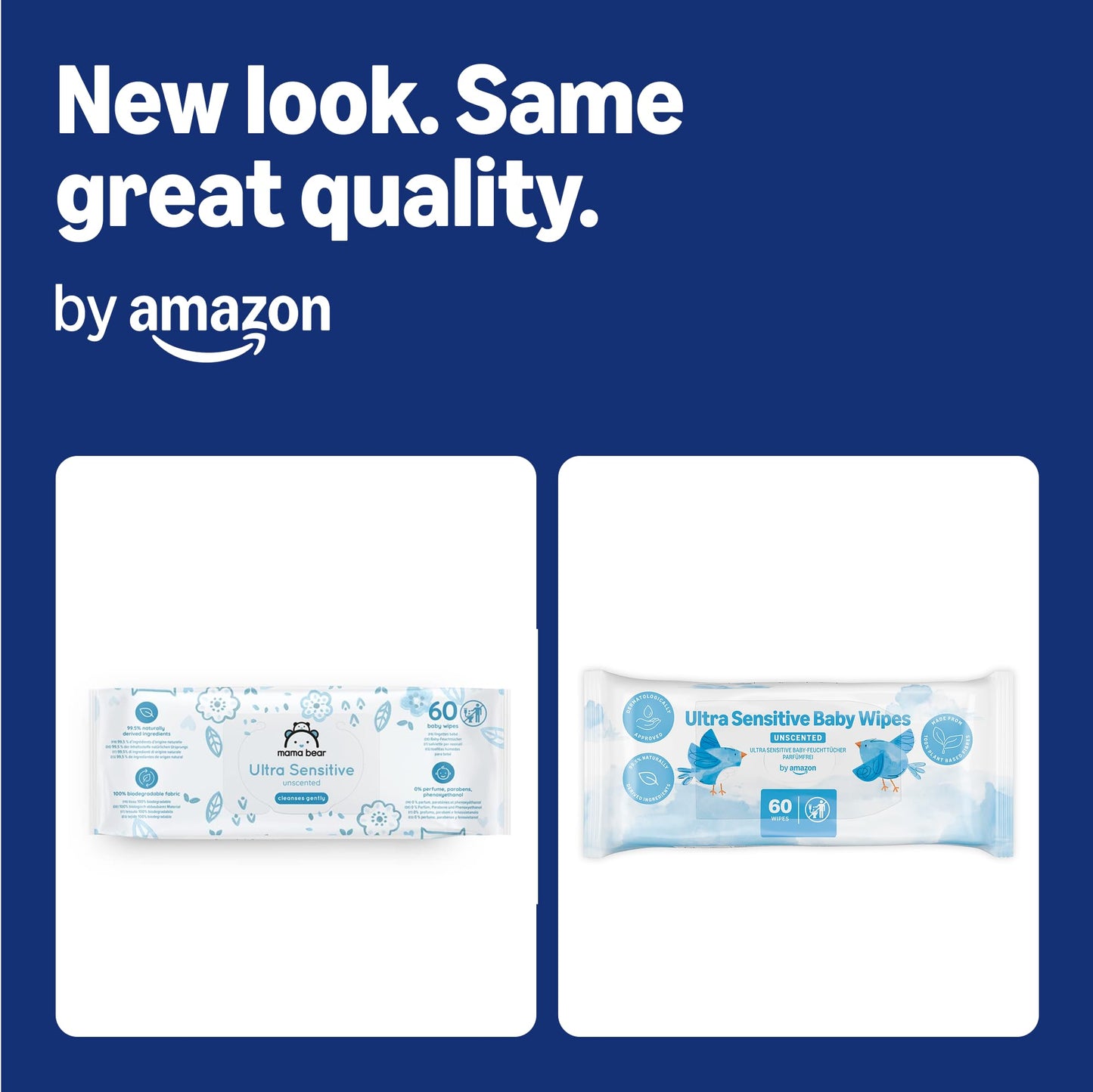 by Amazon Ultra Sensitive Baby Wipes, 100% Plant Based Fibres, 1080 Wipes, Unscented, 18 Pack of 60, (Previously a Mama Bear brand, same product)
