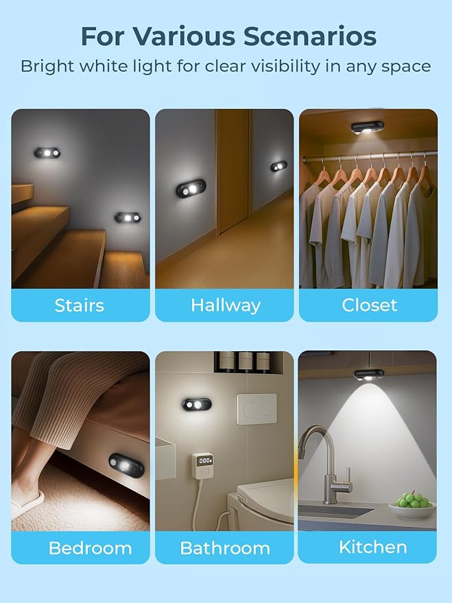 YGS-Tech LED Motion Sensor Light Indoor, Rechargeable Puck Lights, Magnetic Dimmable Under Cabinet Light, Wireless LED Lights for Closet, Kitchen, Stairs, Daylight White, 6-Pack (Black)