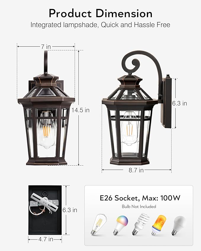 Outdoor Wall Lights Wall Mount, 2-Pack Front Porch Light Fixtures, Oil Rubbed Bronze Dusk to Dawn Exterior Lantern, Modern Patio Wall Sconce with Beveled Glass, Outside Garage Lights for Coach