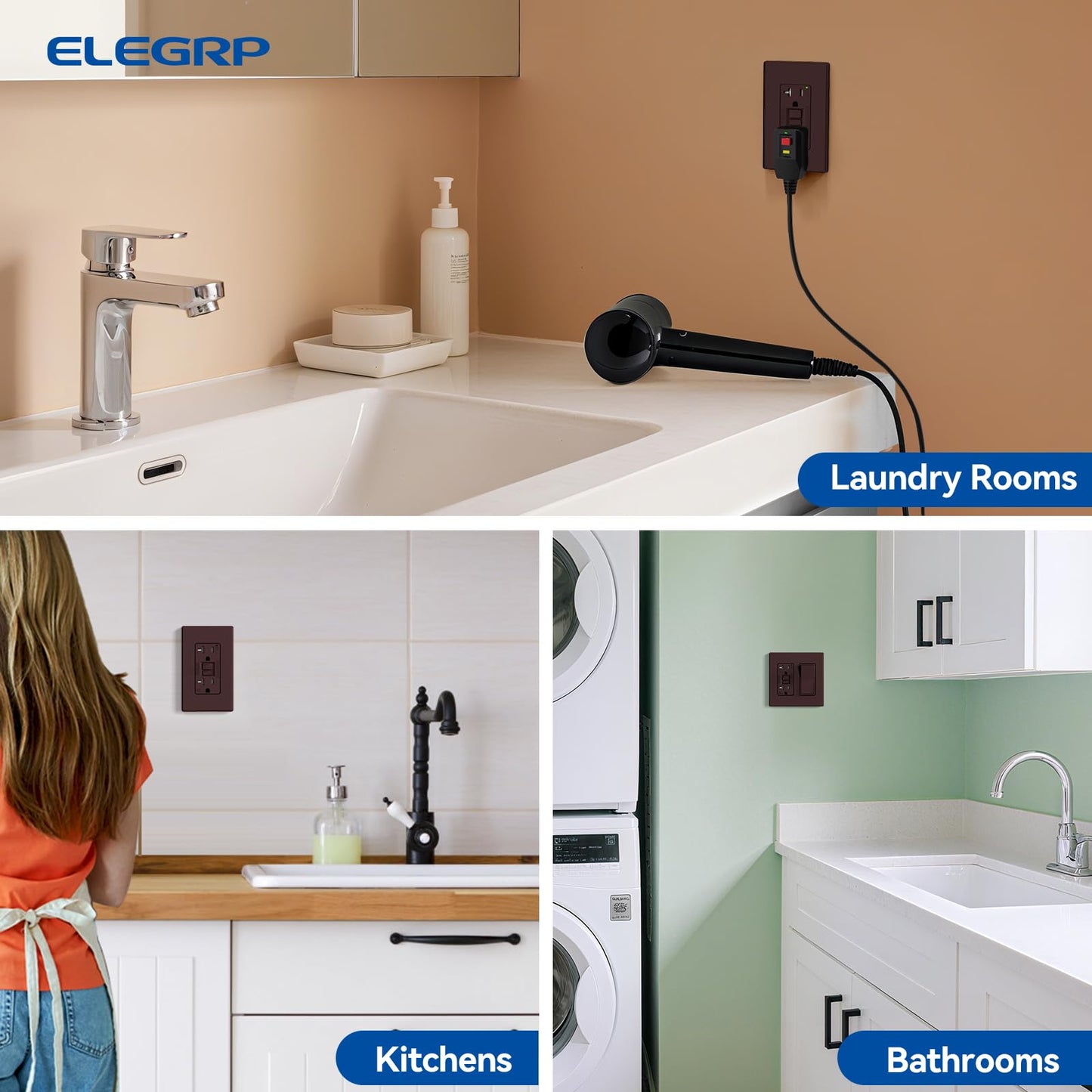 ELEGRP GFCI Outlet 20 Amp, Self-Test GFI Electrical Outlet with Thinner Design, TR Tamper Resistant GFCI Receptacle, Ground Fault Circuit Interrupters with Wall Plate, UL Listed, Brown, 6 Pack