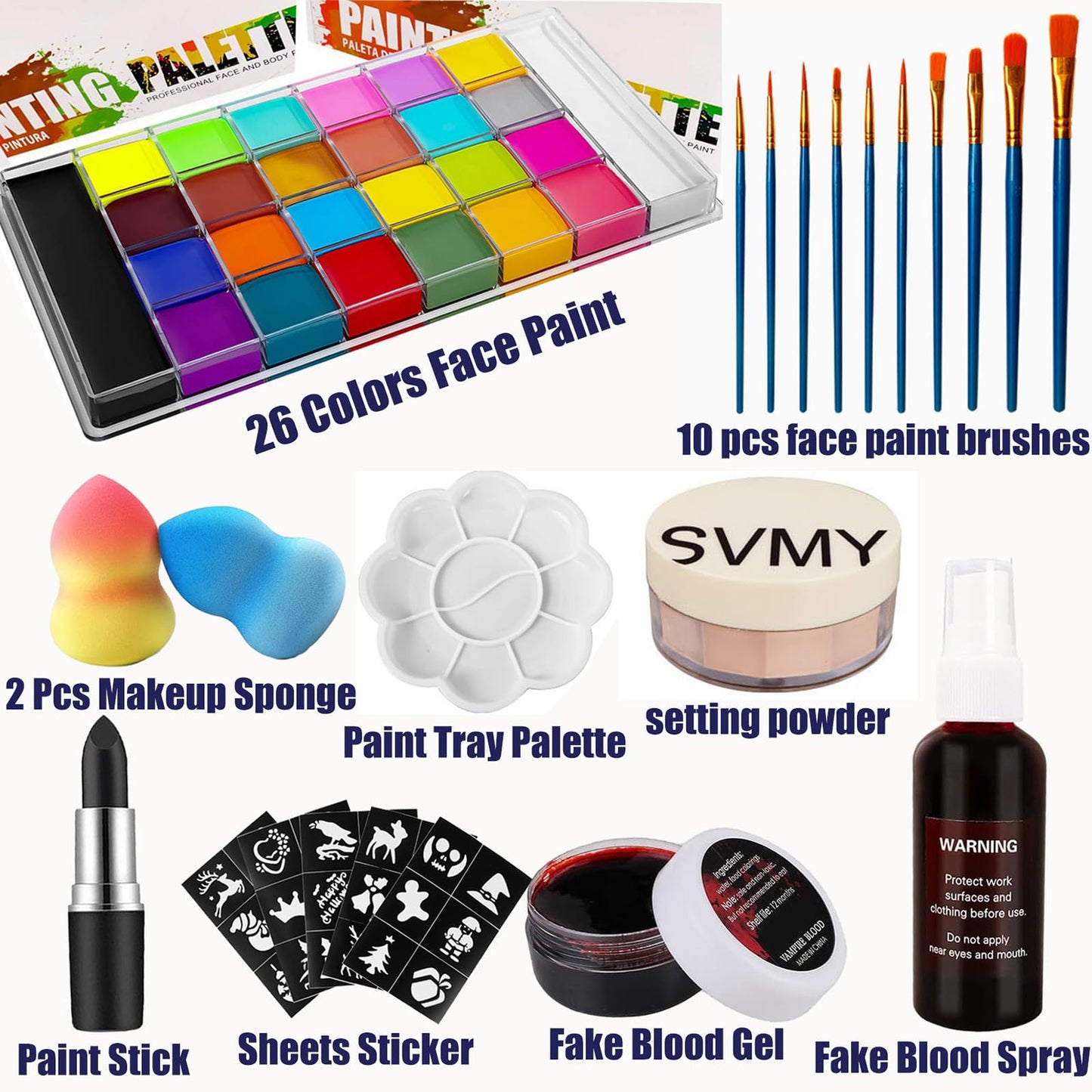 UNIFULL 26 Colors Professional Face Body Paint Kit, Oil Face & Body Paint Kit for Halloween,including 26 Colors Face Paint/Paint Stick/ Brushes/ Special Effects Sticker for Halloween/Fake Blood
