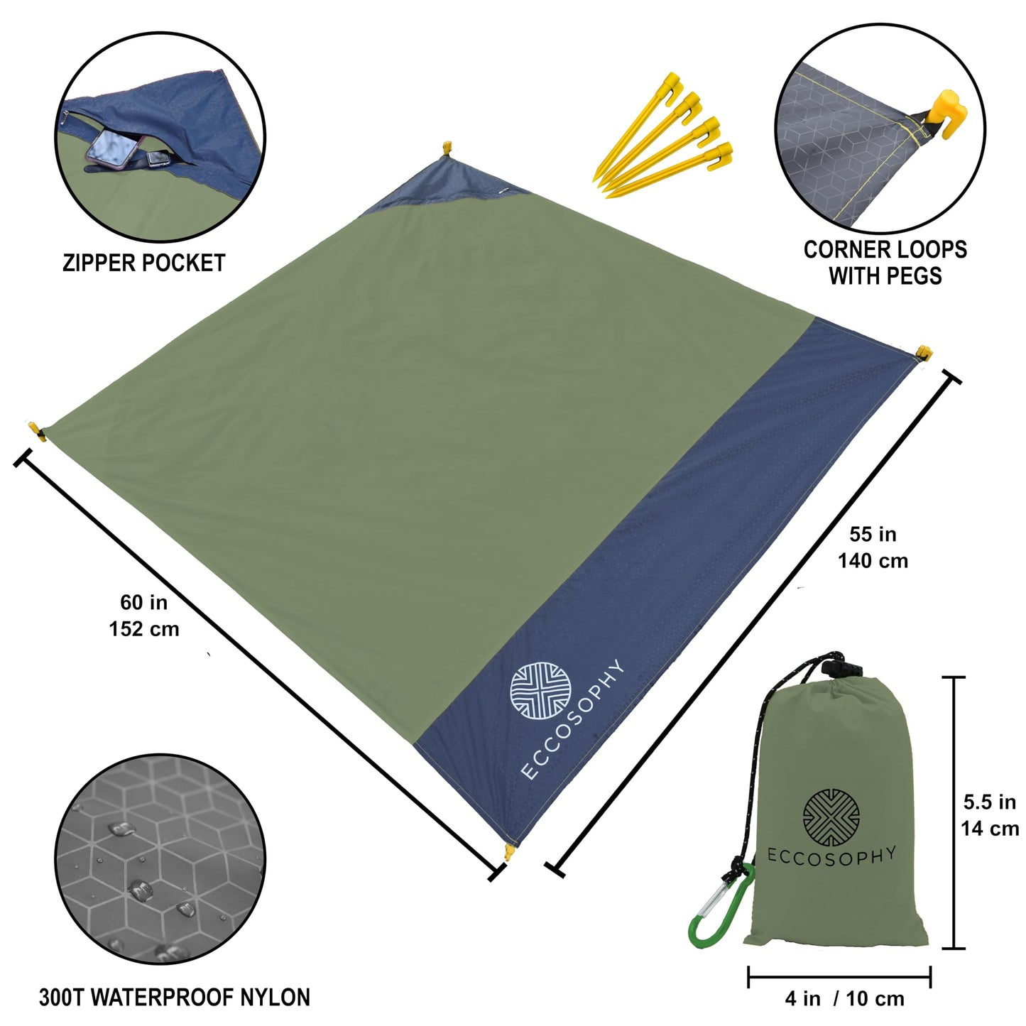 ECCOSOPHY Sand Proof Beach Blanket - Waterproof Picnic Blanket 60x55-Outdoor Compact Pocket Blanket-Lightweight Ground Cover for Hiking, Camping, Festivals, Sports, Travel-with Bag & Stakes (Olive)
