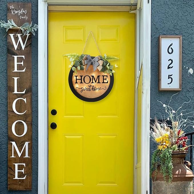 HOMCDALY Welcome Sign for Front Door, Door Wreaths for Front Door Outside, Farmhouse Welcome Wooden Door Hanger, Rustic Wall Door Sign, Seasonal Home Decorations (F-Black)