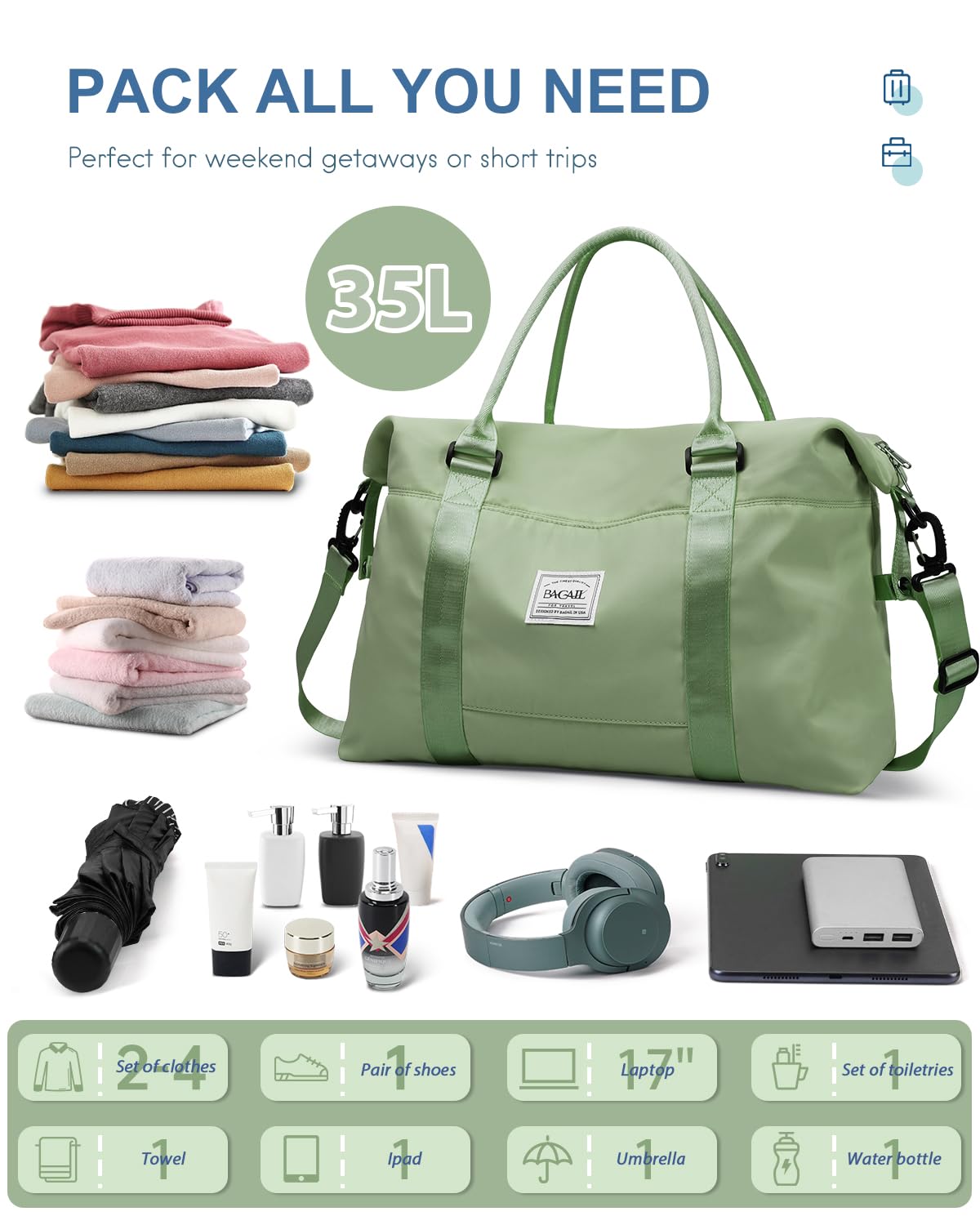 BAGAIL Travel Duffel Bag, Weekender Bags, Overnight Gym Carry On Tote Bag with Wet Pocket, Hospital Mom Bag for Labor and Delivery - Olive Green