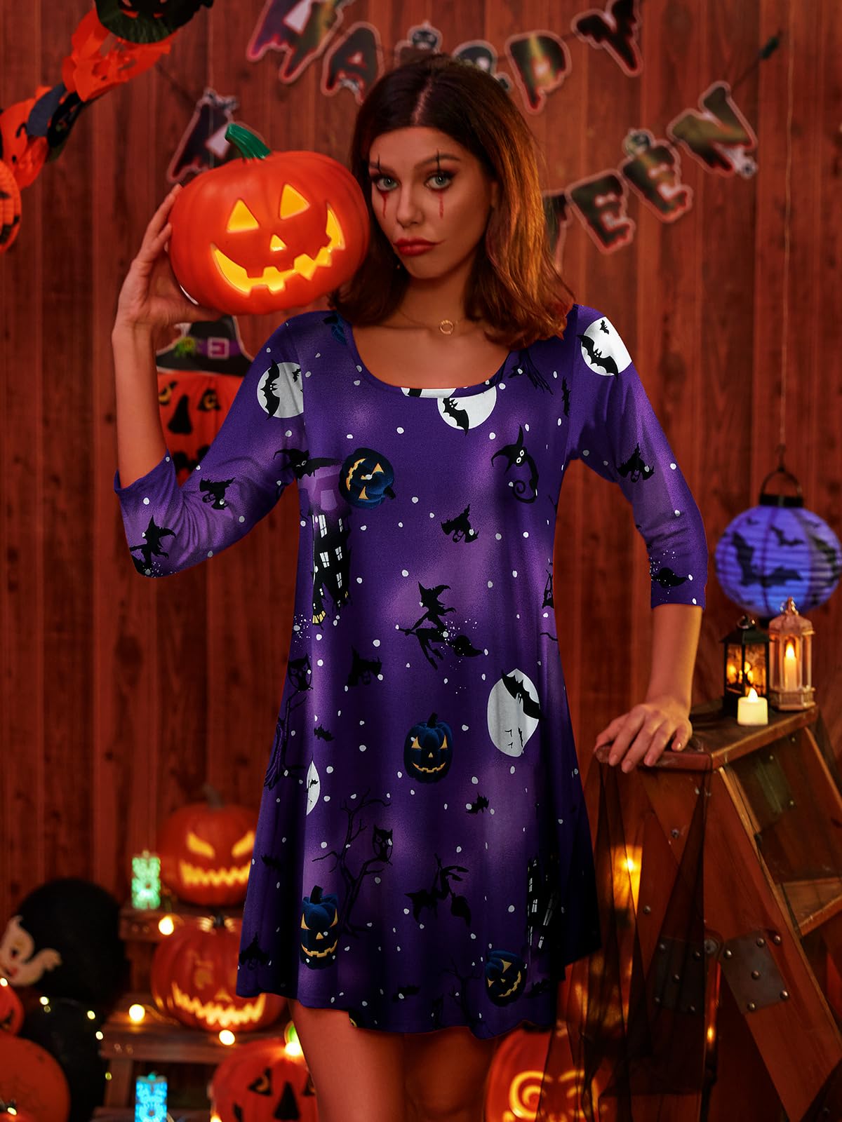 BELAROI Womens Halloween Dress Plus Size Dress Fall Dresses Casual 3/4 Sleeve T Shirt Dresses Swing Tunic Dress Pumpkin, Witch, Horror Pattern Print with Pockets (1X, Flower61)